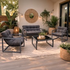 Neo 4 Piece Outdoor Patio Garden Furniture Set Cushions Metal Sofa Loveseat 2 Chairs Glass Coffee Table Balcony Backyard Conservatory 